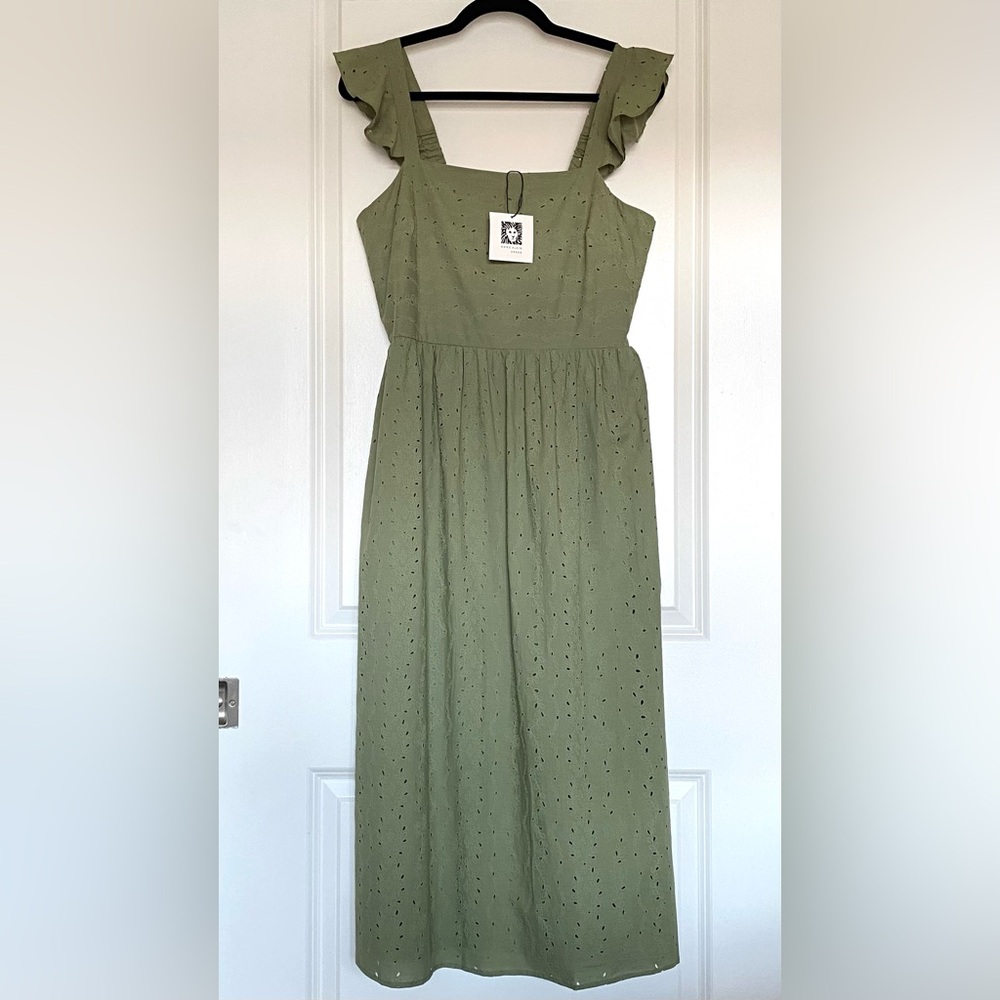 NWT Anne Klein 100% Cotton Embroidered Eyelet Midi Dress Sage Green Size 8
